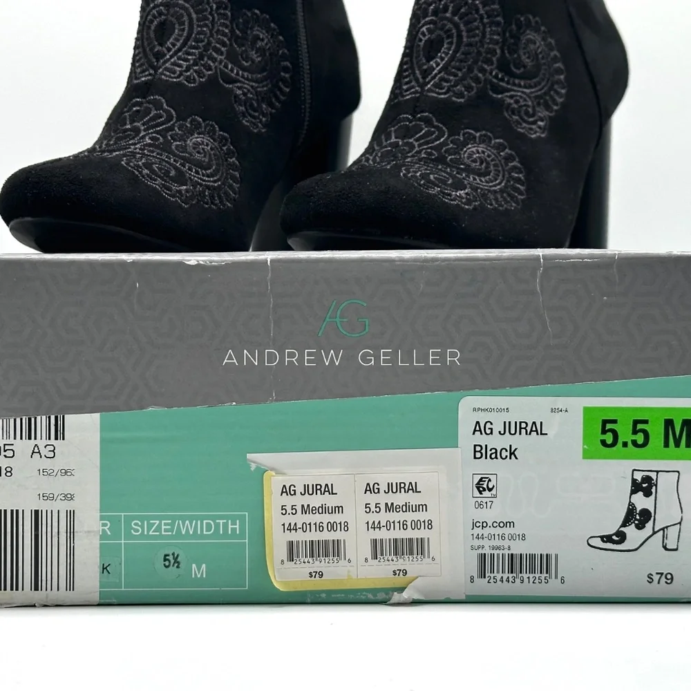 Andrew Geller Black Faux Suede Embroidered Side Zip Ankle Booties Women’s 5.5 M